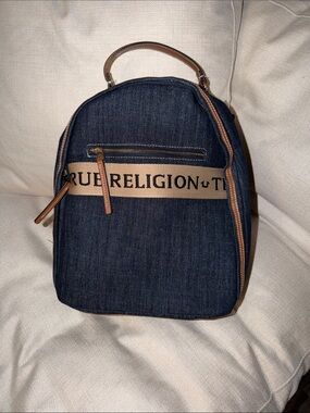 True Religion Dark Blue Denim Backpack with Tan Trim